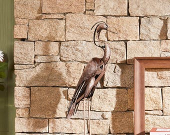 Handmade Metal Heron Statue, Rustic Bird Sculpture, Hand Painted Brown Crane Figurine