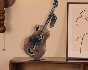 Handmade Metal Guitar Sculpture, 23 Inch Music Decor, Vintage Brown Guitar Statue