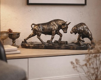 Bronze Finish Bull and Bear Statue, Stock Market Decor