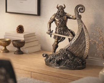 Norse Viking Warrior Statue, Antique Bronze Longship Sculpture