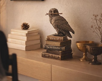 Snowy Owl Statue with Wand, Gothic Book Stack Decor