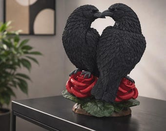 Raven Couple Statue – Gothic Crow Sculpture with Red Rose Base Home Decor