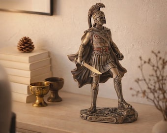 Statue Greek Roman Warrior Sculpture, Antique Bronze Finish Historical Figurine, Classical Military Leader Decor