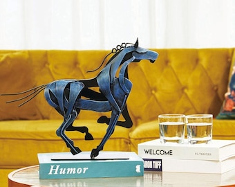 Blue Metal Horse Sculpture, Modern Farmhouse Decor, Handmade Steel Horse Statue