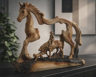 Western Horse Sculpture – Cowboy Wrangler Statue Faux Carved Wood Decor