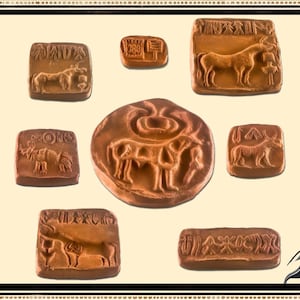 May include: A collection of ancient brown clay seals with animal and geometric designs. The seals feature images of horses, bulls, and other symbols. The seals are arranged on a beige background with a decorative border.