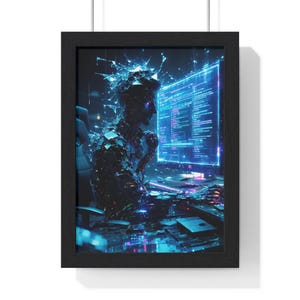 Peut inclure: Impression d'art encadrée représentant une illustration numérique d'une personne travaillant sur un ordinateur. L'œuvre présente une esthétique futuriste éclairée au néon avec des tons bleus et violets. La personne est rendue dans un style fragmenté et cristallin, avec du code affiché sur l'écran.