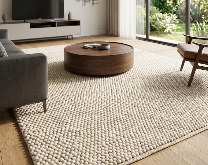 Featured listing image: Handwoven Chunky Wool Bubble Rug: Plush Texture, Organic Palette