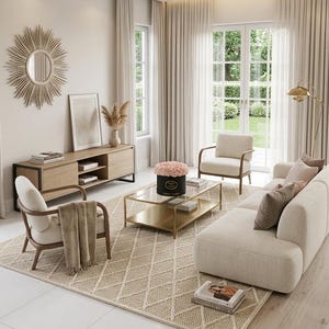 May include: A living room featuring a beige sofa, two armchairs with wooden frames, a glass-topped coffee table with a gold frame, a wooden media console, a sunburst mirror, a textured diamond-pattern rug, and floor-to-ceiling curtains.