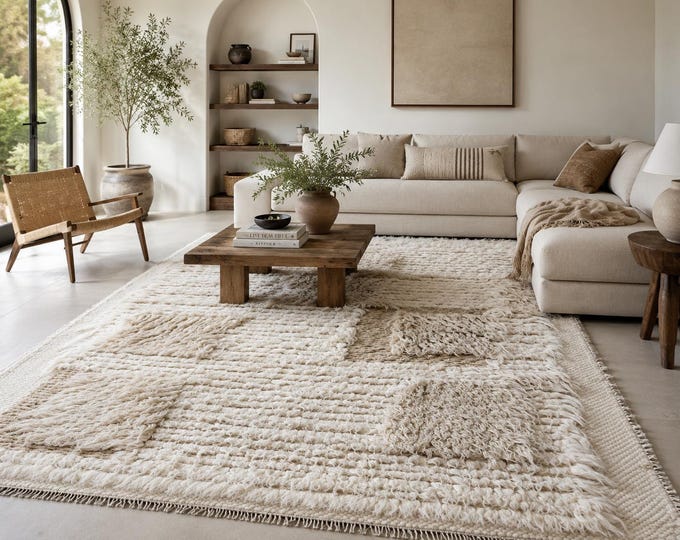 Featured listing image: Handwoven New Zealand Wool Rug | Chunky Abstract Shag Carpet, Neutral Decor