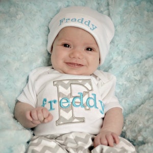 Personalized Baby Boy Gift Baby Boy Clothes Gray Turquoise Bodysuit Hat & Pants Options Newborn Boy Take Home Outfit Boy Twin Baby Gift