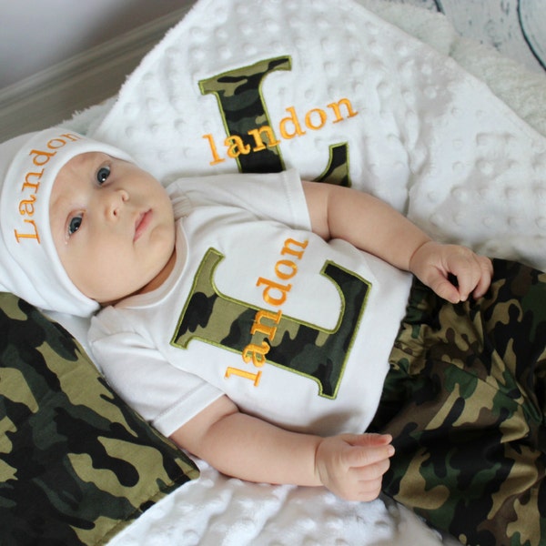 Baby Boy Clothes Personalized Baby Boy Outfit Monogram Baby Boy Camo Bodysuit and Pants Baby Outfit Newborn Boy Baby Gift