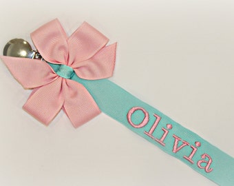Girl Pacifier Clip Teal & Pink Pacifier Holder Baby Girl Personalized Nuk Soothie Nam Paci Holder Baby Gift Personalized Baby Gift