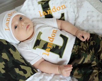 Baby Boy Clothes Personalized Baby Boy Outfit Monogram Baby Boy Camo Bodysuit and Pants Baby Outfit Newborn Boy Baby Gift