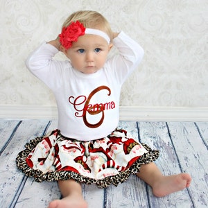 Personalized Baby Girl Christmas Outfit Cheetah Baby Girl Outfit Skirt Cheetah Santa Skirt