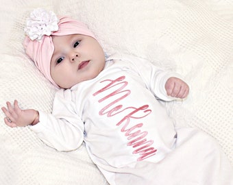 Newborn girl Coming Home Outfit ,Monogram Baby Girl Gift, Newborn Girl Take Home Outfit, Baby Girl Gown, Preemie Girl Outfits, Turban Hat