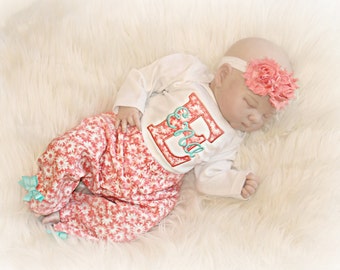 Personalized Baby Girl Coming Home Outfit Newborn Girl Take Home Outfit Coral Teal Baby Girl Clothes Bodysuit Pants Headband Opt. Baby Gift