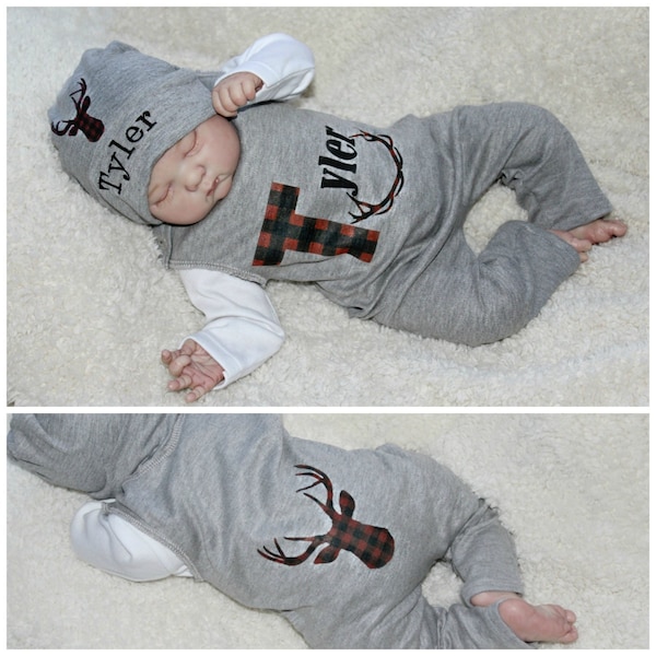 Newborn Boy Coming Home Outfit Buffalo Plaid Red Black Plaid Deer Woodland Baby Boy Clothes Personalized Baby Boy Gift Romper  Hat Option
