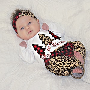 First Christmas Outfit Cheetah Baby Girl Christmas Outfit My First Christmas Outfit  Cheetah Plaid Christmas Preemie Christmas Outfit
