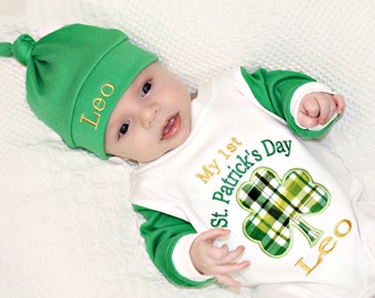 My First St. Patricks Day  Outfit, Babies 1St St. Patricks, Newborn Shamrock Outfit, Personalized Hat, Baby Boy St Patricks day Outfit
