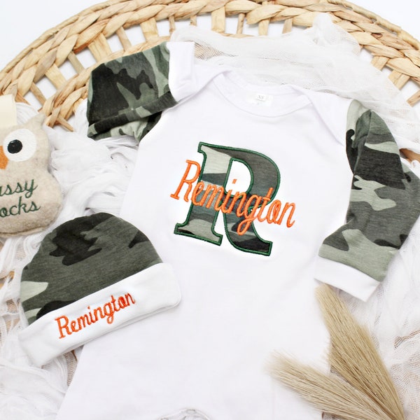 Personalized Baby Boy Clothes, Baby Boy Romper, Personalized Baby Hat, Newborn Boy Take Home Outfit, , Newborn boy gift, Baby Camo Outfit