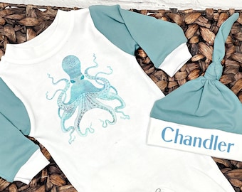 Octopus Newborn Boy Clothes Baby Boy Romper Personalized Baby Outfit  Newborn Boy Take Home Outfit New Born Boy Outfit Octopus Under the Sea