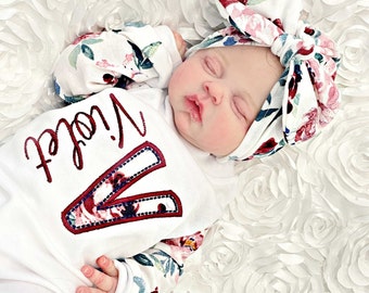 Newborn girl Coming Home Outfit ,Monogram Baby Girl Gift, Newborn Girl Take Home Outfit, Baby Girl Romper, Preemie Girl Outfits, Turban Hat