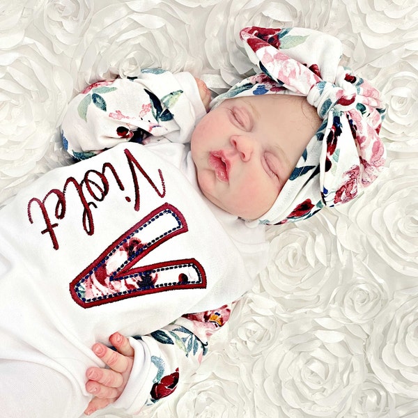 Newborn girl Coming Home Outfit ,Monogram Baby Girl Gift, Newborn Girl Take Home Outfit, Baby Girl Romper, Preemie Girl Outfits, Turban Hat