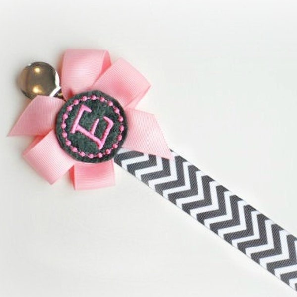 Personalized Pacifier Clip Pink and Gray Chevron Monogram Baby Girl Soothie Personalized Baby Pacifier Holder Great for Twins