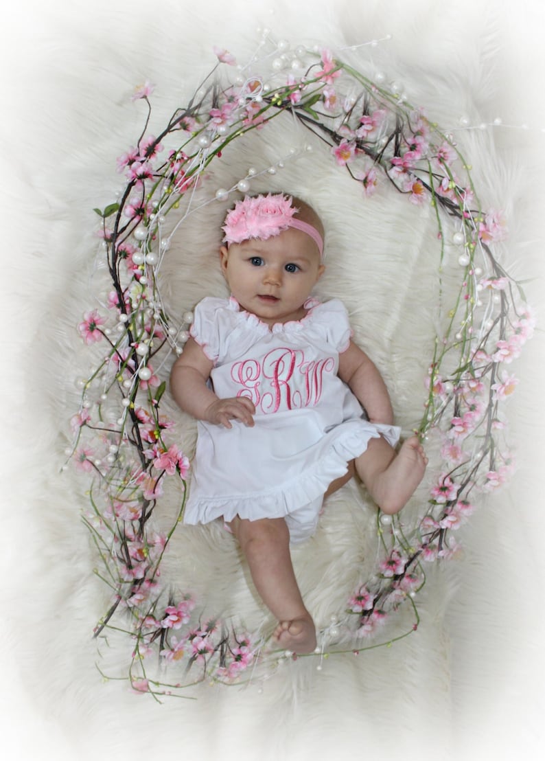 Monogram Girl Dress Newborn Baby Girl Clothes Newborn Girl Take Home Outfit Shabby Chic White Pink Dress New Baby Gift image 1