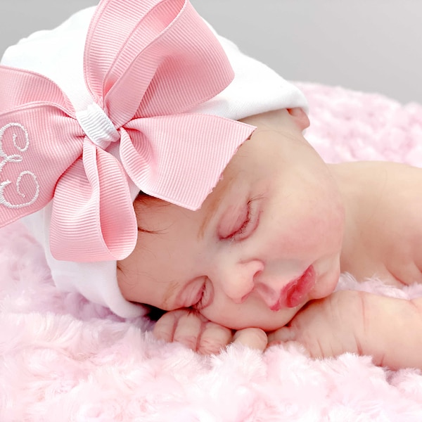 Newborn girl hat, Baby girl hospital hat, big bow hat, preemie girl hat, personalized baby girl hat, Infant name hat, Newborn hat with bow