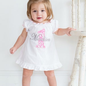 First Birthday Girl Outfit Baby Girl 1st Birthday Outfit 1st Birthday Girl Outfit Pink Damask Smash Cake Outfit Personalized Birthday Dress image 2