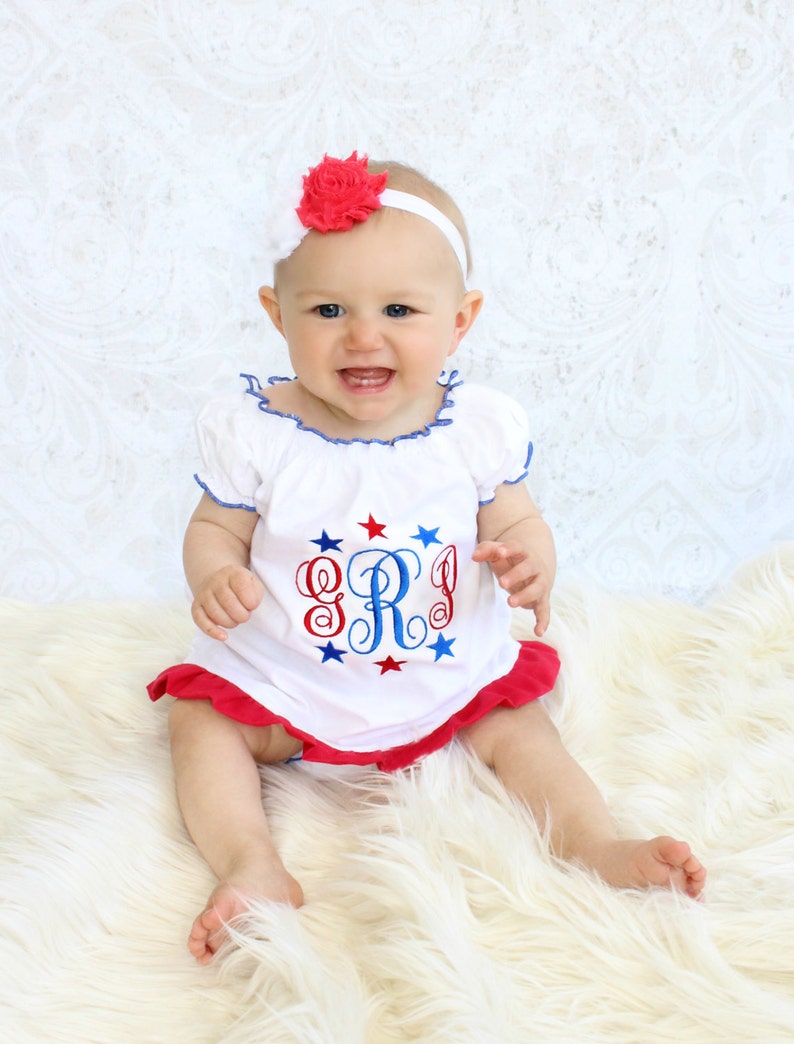 4th of July Baby Girl Outfit Baby Girl Dress Baby 4th of July Dress with option for Headband and bloomers Baby Gift Set Red White Blue 