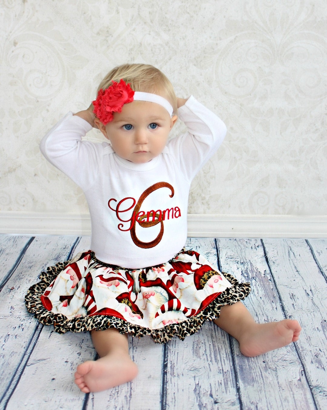 Personalized Baby Girl Christmas Outfit Cheetah Baby Girl Outfit Skirt