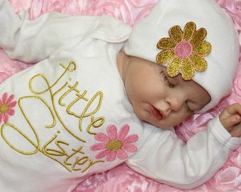 Little Sister Outfit Pink Gold Glitter Newbown Girl coming Home Outfit Baby Girl Clothes Newborn girl Take Home outfit Baby Girl Gift Set