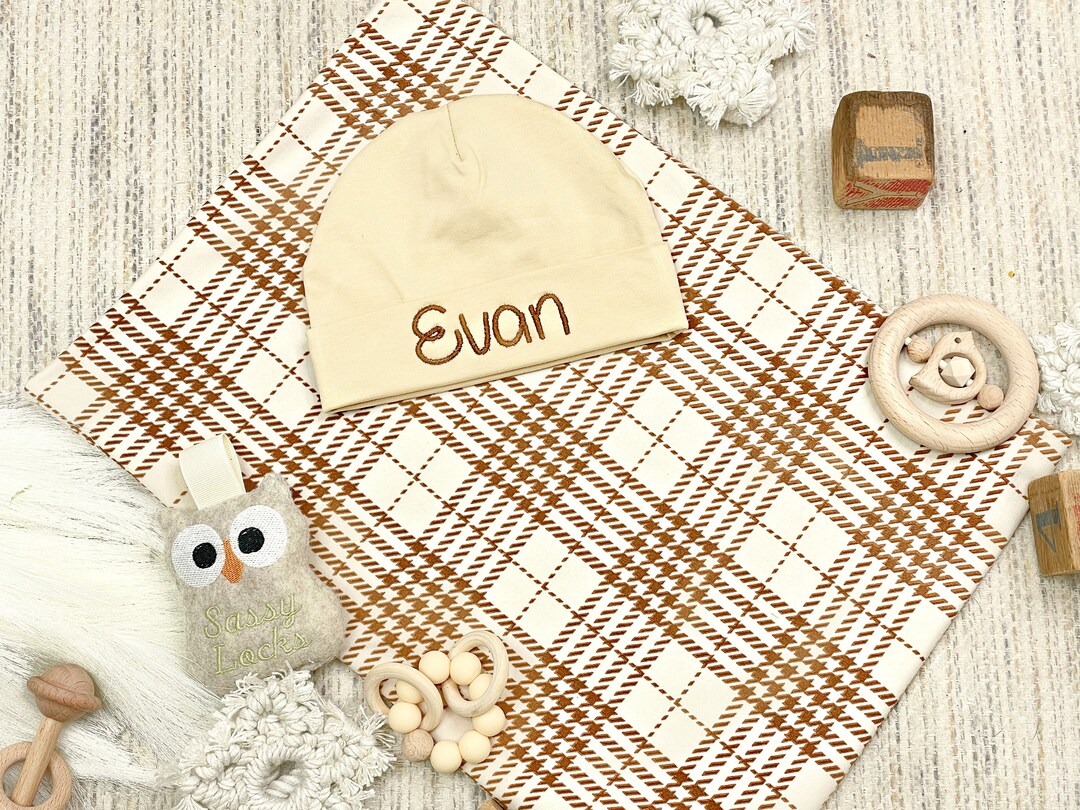 Personalized Newborn Boy Swaddle and Hat, Boy Swaddle Blanket and Hat