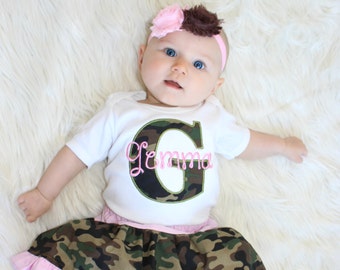 Personalized Baby Girl Clothes Pink Camo Baby Girl Outfit  Camo Skirt Top and Camo Headband Perfect for Twins