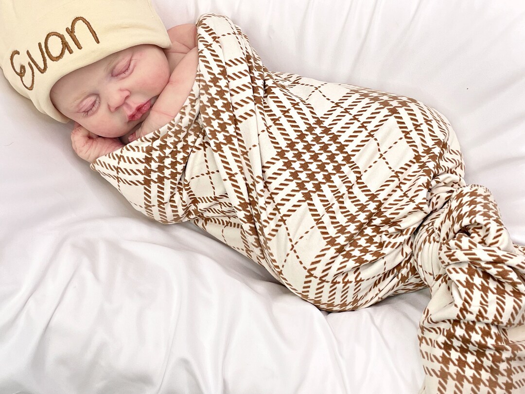 Personalized Newborn Boy Swaddle and Hat, Boy Swaddle Blanket and Hat