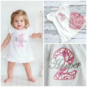 First Birthday Girl Outfit Baby Girl 1st Birthday Outfit 1st Birthday Girl Outfit Pink Damask Smash Cake Outfit Personalized Birthday Dress image 5