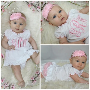 Monogram Girl Dress Newborn Baby Girl Clothes Newborn Girl Take Home Outfit Shabby Chic White Pink Dress New Baby Gift image 3