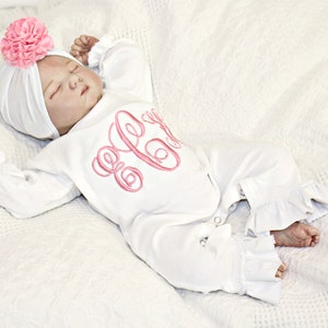 Newborn girl Coming Home Outfit ,Monogram Baby Girl Gift, Newborn Girl Take Home Outfit, Baby Girl Romper, Preemie Girl Outfits, Turban Hat