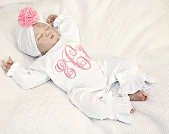 Newborn girl Coming Home Outfit ,Monogram Baby Girl Gift, Newborn Girl Take Home Outfit, Baby Girl Romper, Preemie Girl Outfits, Turban Hat