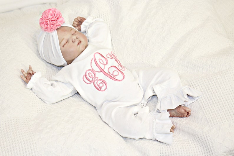 Newborn girl Coming Home Outfit ,Monogram Baby Girl Gift, Newborn Girl Take Home Outfit, Baby Girl Romper, Preemie Girl Outfits, Turban Hat 
