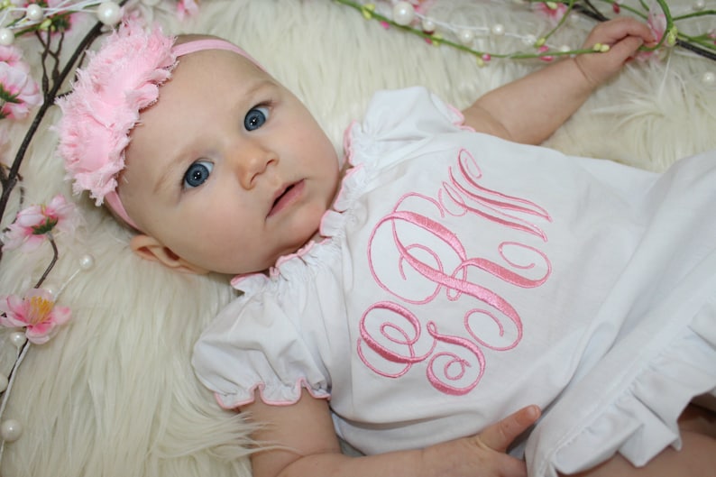 Monogram Girl Dress Newborn Baby Girl Clothes Newborn Girl Take Home Outfit Shabby Chic White Pink Dress New Baby Gift image 6