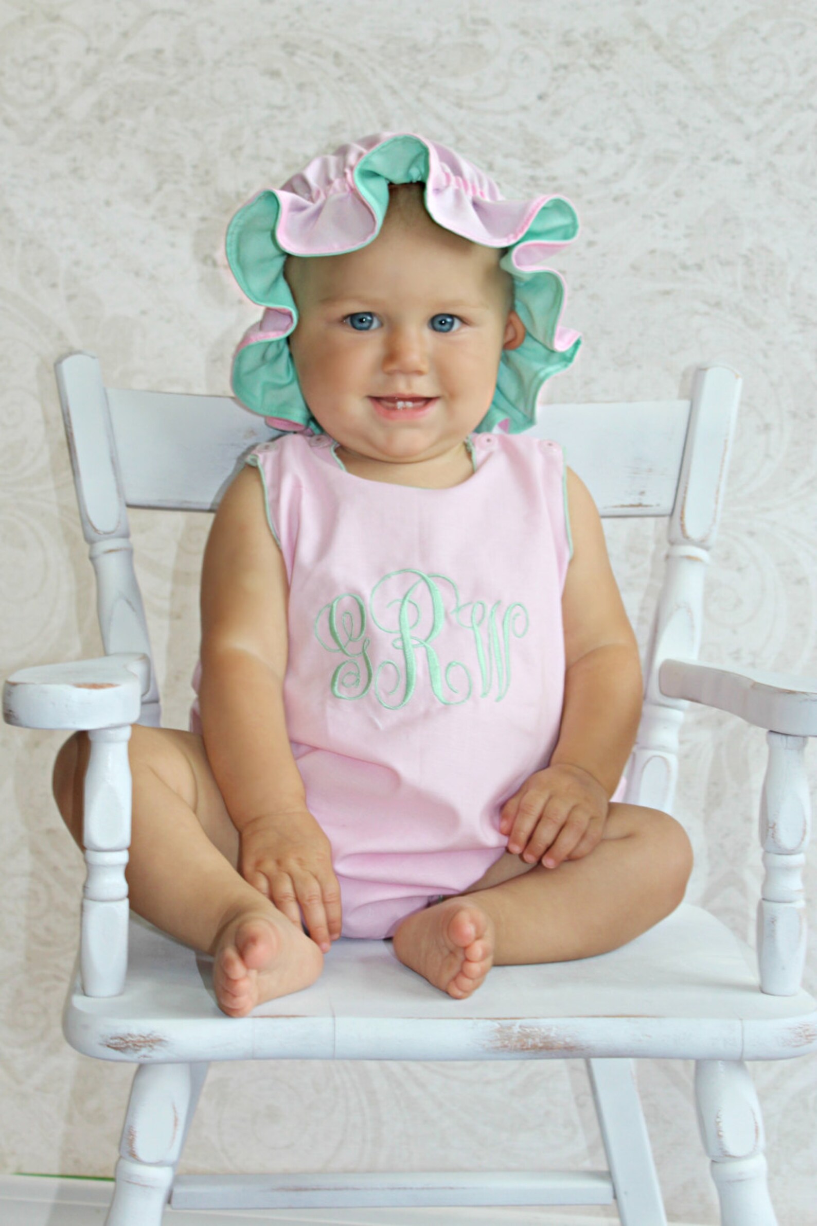 Baby Romper Monogram Baby Girl Bubble Romper Pink & Mint Baby Etsy