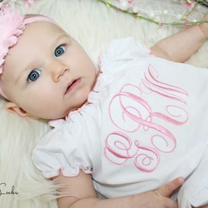 Monogram Girl Dress Newborn Baby Girl Clothes Newborn Girl Take Home Outfit Shabby Chic White Pink Dress New Baby Gift image 2