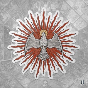 May include: A sticker featuring a white dove with outstretched wings, centered within a red and white sunburst design. The dove has a gold halo. The background is a detailed, patterned illustration.