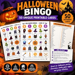 Peut inclure: Un jeu de bingo d'Halloween comprenant 50 cartes imprimables uniques, une liste d'appel et des instructions. Le design présente des illustrations colorées de citrouilles, fantômes, chauves-souris et sorcières sur fond blanc.