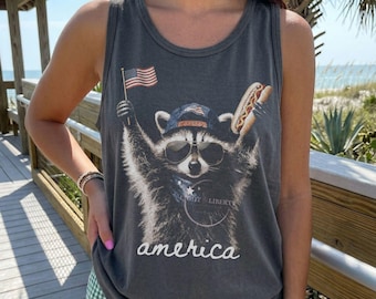 Patriotic Raccoon Hotdog Tank Top Comfort Colors Funny Meme USA America 4th of July Tee American Flag Feral & Free Humor T-Shirt