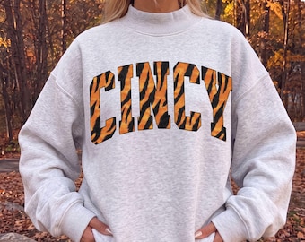 Women's CINCY Fleece Mock-Neck Crew Sweatshirt, Tiger Stripes Varsity Style Turtleneck Sweater, Personalizable Custom Mockneck Pullover